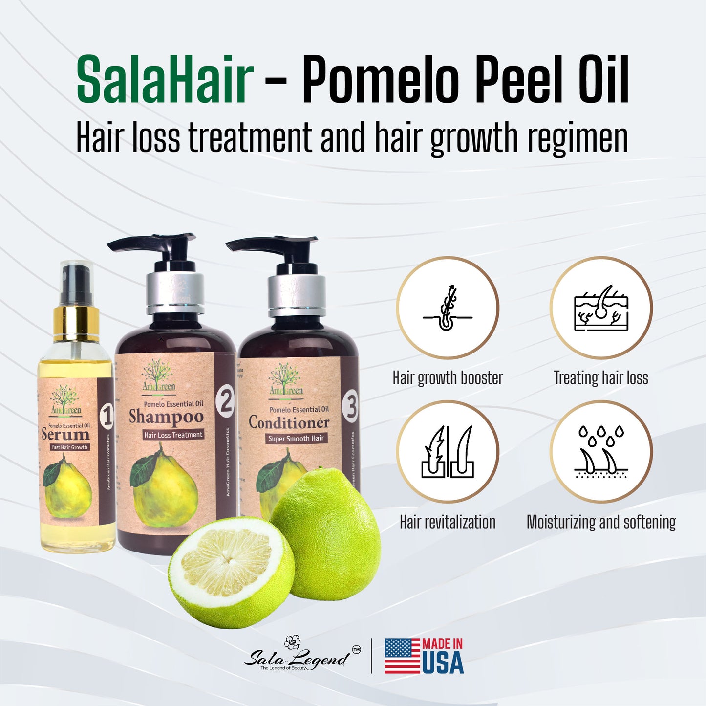 [Combo Treatment] Pomelo Shampoo (250ml), Pomelo Conditioner (250ml), Pomelo Serum (100ml) – Made in Vietnam - Hair loss treatment, Hair grows fast & Smooth hair