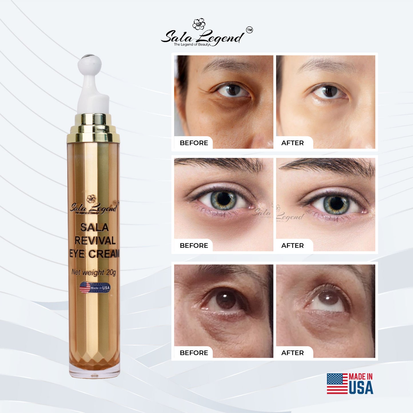 Sala Revival Eye Cream (20g) – Made in the USA – Diminishes Dark Circles, Erases Wrinkles – Lifts, Brightens, 3-IN-1 Formula